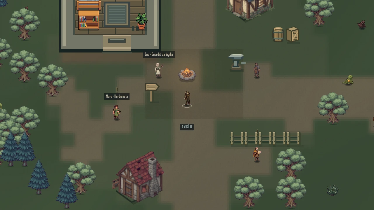 The Vigil: The refuge where every journey begins. A fire, a smith, a herbalist and a guardian who keeps the plates with letters.
