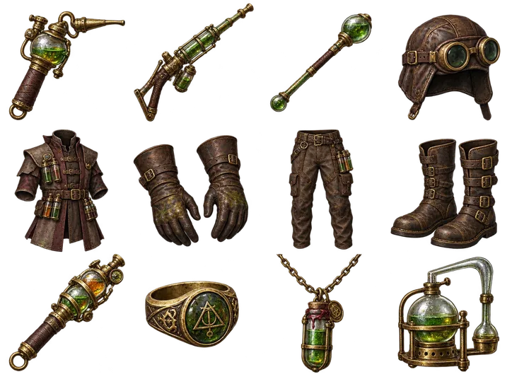 Alchemist equipment illustrations: Flask pistol, Reagent rifle, Catalyst rod, Goggled cap, Vial coat, Gloves, Pocketed trousers, Buckled boots, Catalyst, Sigil ring, Vial pendant, Alembic relic