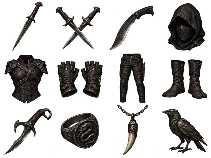 Assassin equipment illustrations: Dagger, Twin daggers, Kukri, Masked hood, Strapped leathers, Vial gloves, Trousers, Wrapped boots, Hooked dirk, Serpent ring, Fang pendant, Iron raven