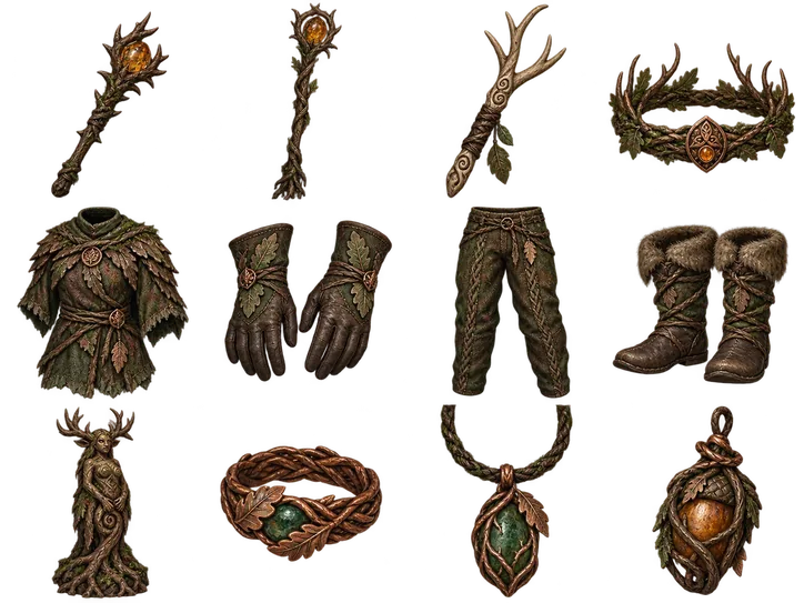Druid equipment illustrations: Amber staff, Thorn staff, Antler club, Leaf circlet, Bark mantle, Leaf gloves, Woven breeches, Fur boots, Dryad idol, Vine ring, Moss pendant, Acorn relic
