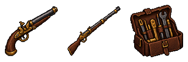 Engineer equipment illustrations: Flintlock pistol, Mechanical rifle, Toolkit, Workwear, Gloves, Trousers, Boots, Rings, Charms, Trinkets