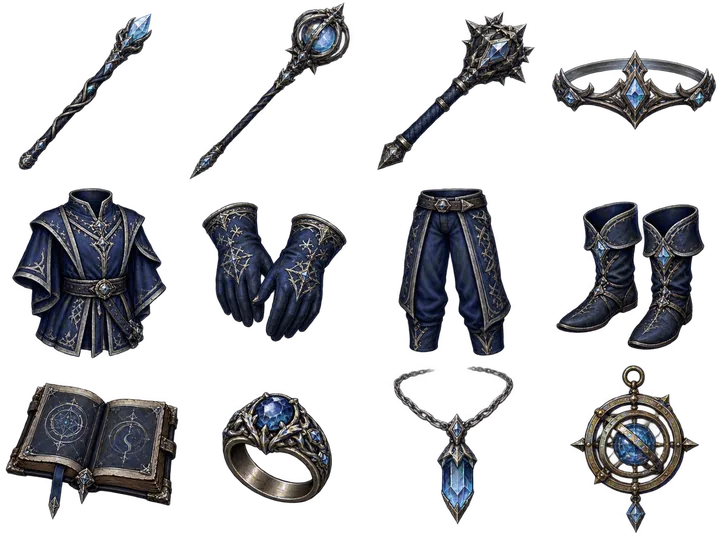 Arcanist equipment illustrations: Crystal staff, Orb staff, Sceptre, Circlet, Arcane robe, Gloves, Breeches, Boots, Grimoire, Sapphire ring, Crystal pendant, Astrolabe relic