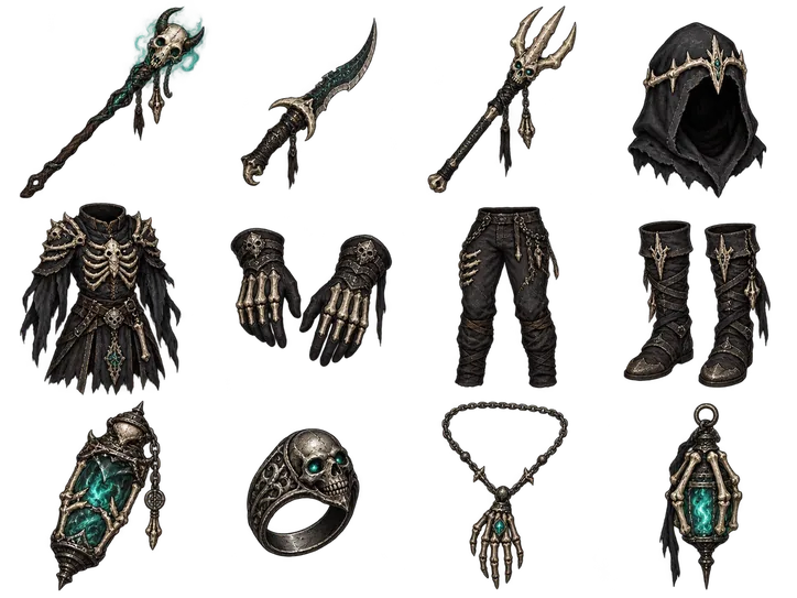 Necromancer equipment illustrations: Skull staff, Bone dagger, Bone trident, Hood, Bone armour, Gloves, Trousers, Boots, Phylactery, Skull ring, Bone chain, Soul lantern