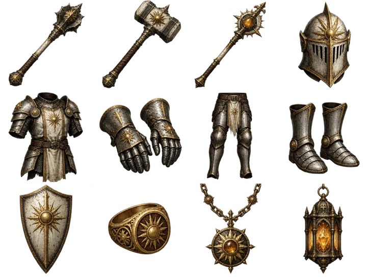 Paladin equipment illustrations: Sun mace, Warhammer, Sceptre, Great helm, Tabard plate, Gauntlets, Greaves, Sabatons, Kite shield, Signet ring, Sun medallion, Reliquary lantern