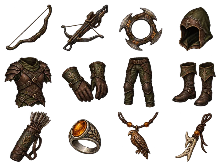 Ranger equipment illustrations: Longbow, Crossbow, Chakram, Hooded cowl, Leather jerkin, Bracers, Trousers, Boots, Quiver, Amber ring, Feather pendant, Antler relic