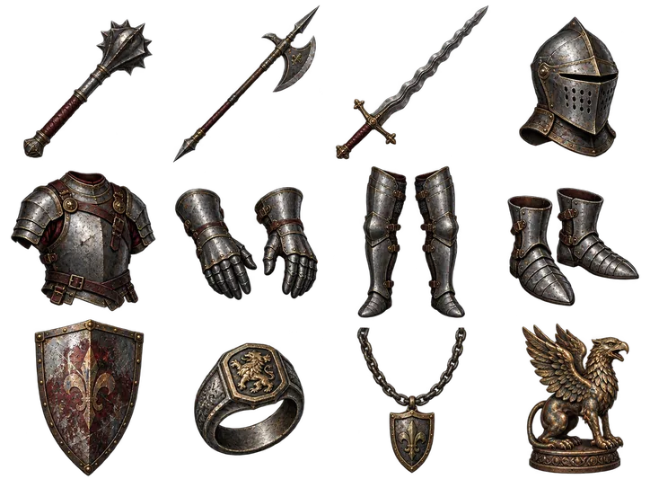 Knight equipment illustrations: Spiked mace, Halberd, Flamberge, Great helm, Plate cuirass, Gauntlets, Greaves, Sabatons, Heater shield, Lion signet, Shield pendant, Griffin relic