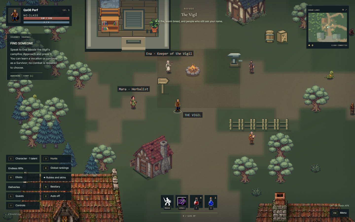 The player character inside the starting house, with the Vigil and its residents around it