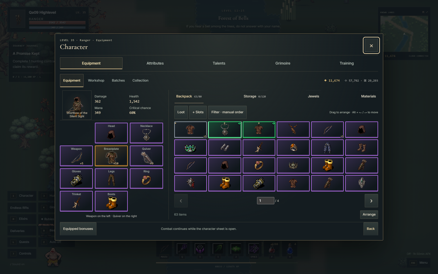 Character menu: Equipment, talents and grimoire, with the world still running behind the panel.