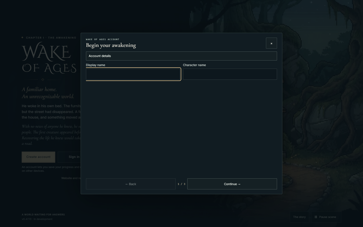 Sign-up: The account screen inside the game.