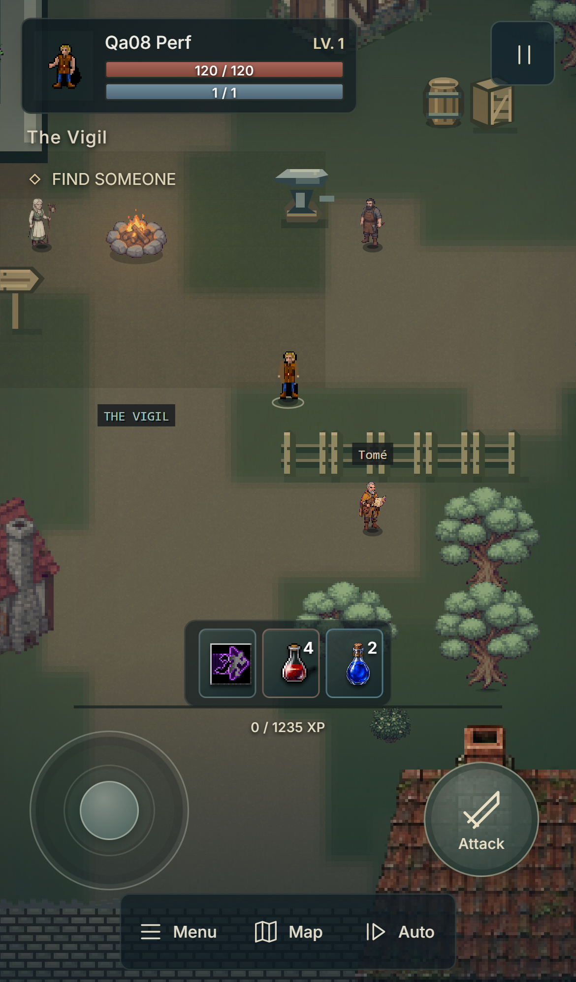 On a phone: Virtual stick, attack button, quick slots and the same world, in portrait.